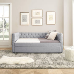 Bellemave® Upholstered Tufted Daybed with Trundle Bed, with Button and Copper Nail on Square Arms - Bellemave