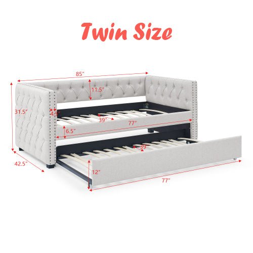 Bellemave® Upholstered Tufted Daybed with Trundle Bed, with Button and Copper Nail on Square Arms - Bellemave