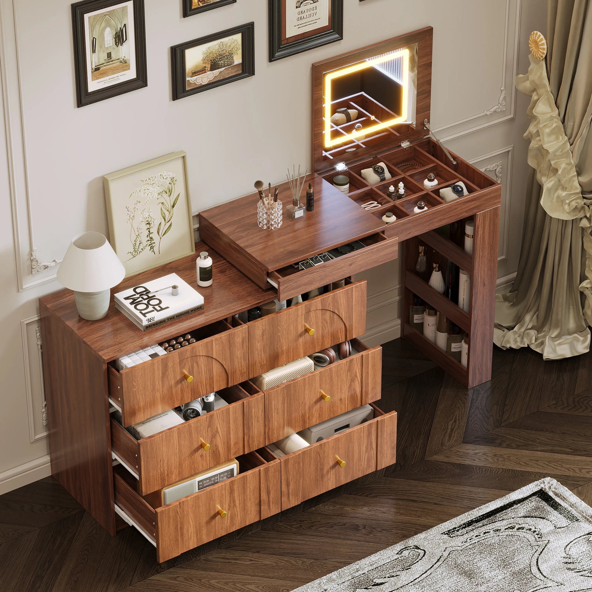 Bellemave® Vanity Desk with Mirror and Lights, Flip - Top Tabletop, 7 Storage Drawers, 9 Compartments - Bellemave