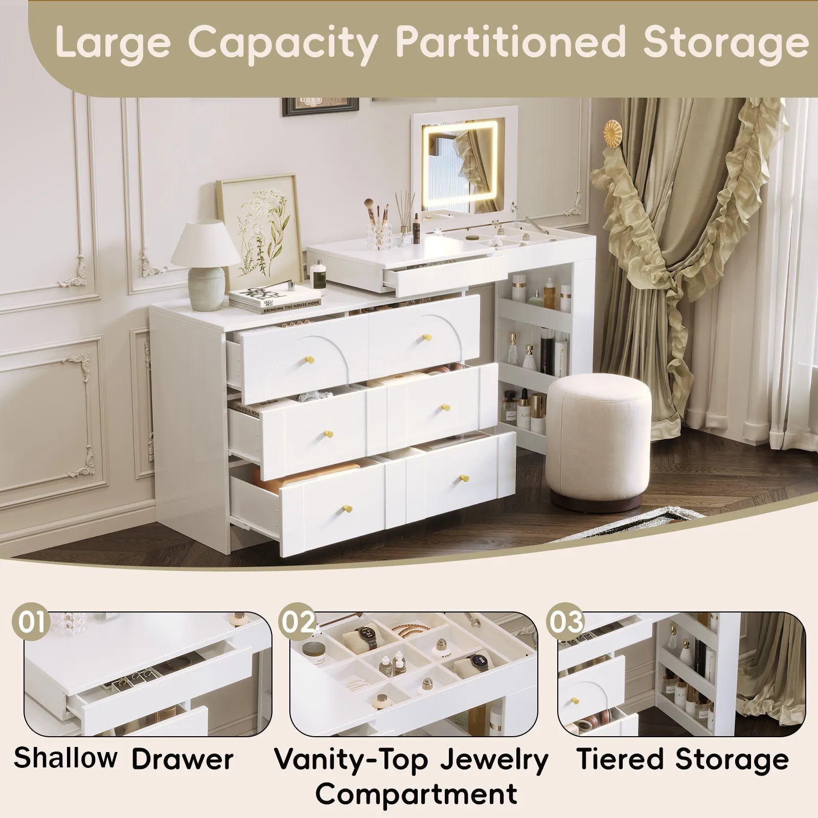 Bellemave® Vanity Desk with Mirror and Lights, Flip - Top Tabletop, 7 Storage Drawers, 9 Compartments - Bellemave