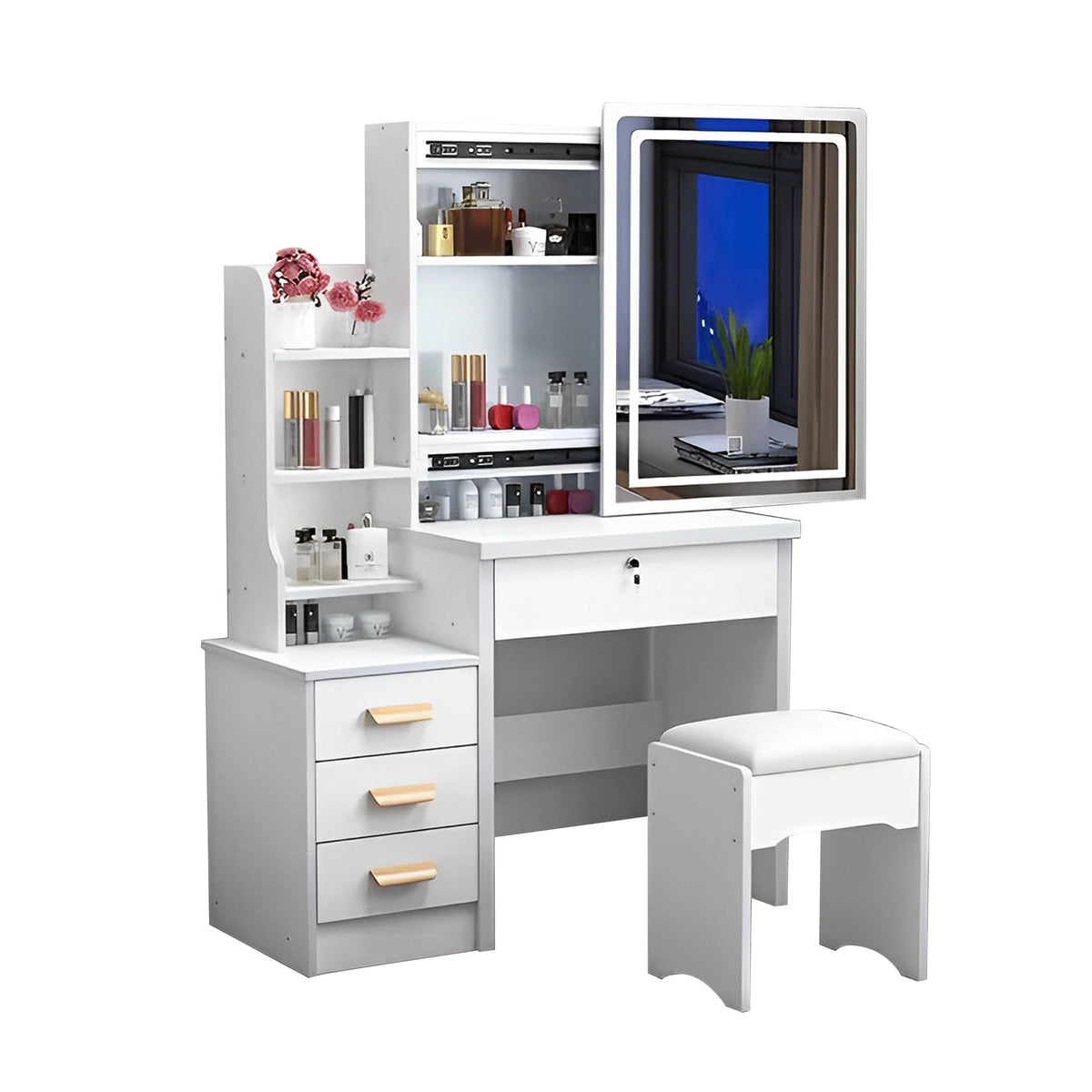 Bellemave® Vanity Desk with Mirror and Lights for Makeup and Chair, with 3 Color Lighting Brightness Adjustable, 4 Drawers, White Color - Bellemave