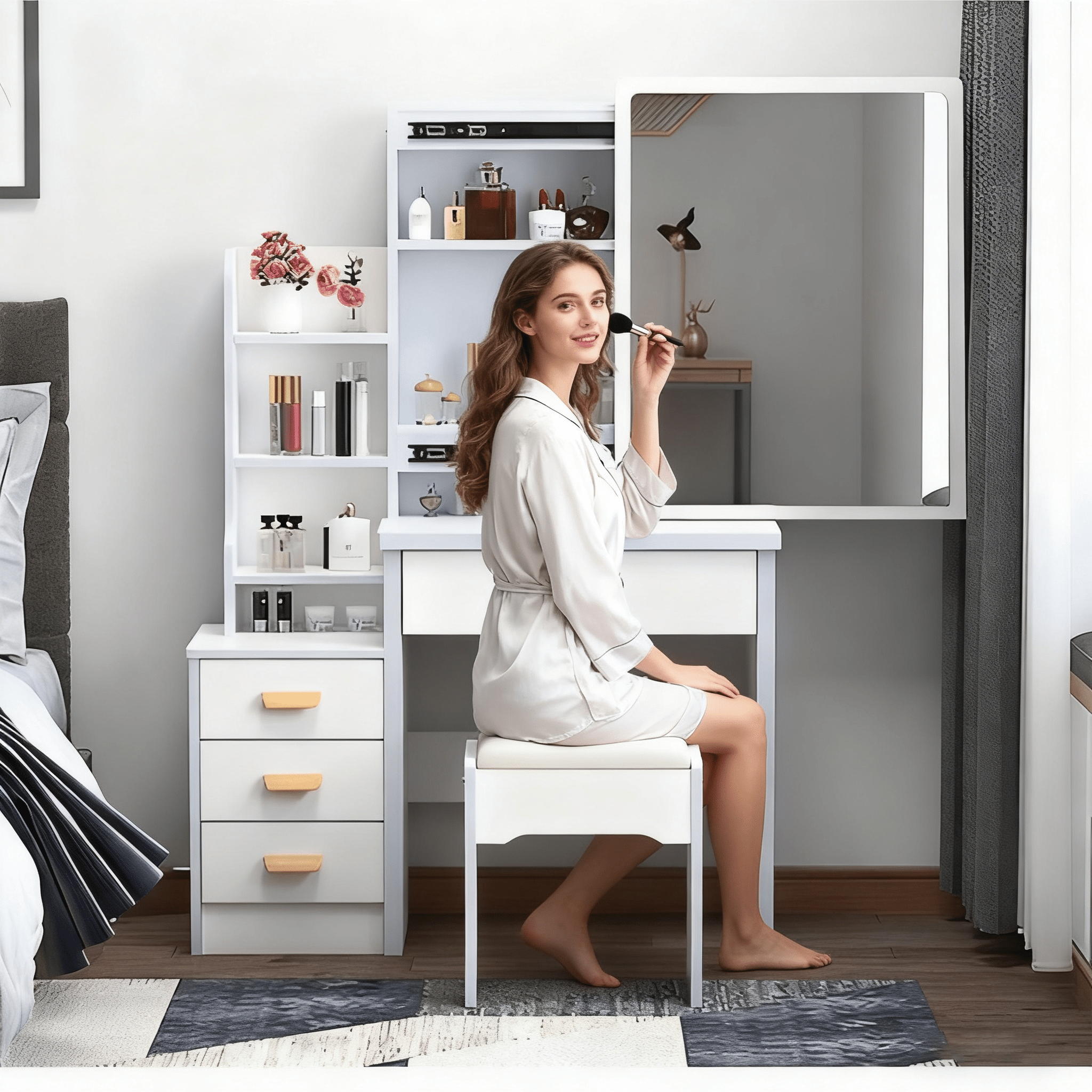 Bellemave® Vanity Desk with Mirror and Lights for Makeup and Chair, with 3 Color Lighting Brightness Adjustable, 4 Drawers, White Color - Bellemave