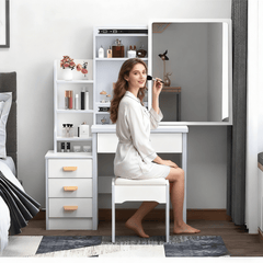 Bellemave® Vanity Desk with Mirror and Lights for Makeup and Chair, with 3 Color Lighting Brightness Adjustable, 4 Drawers, White Color - Bellemave