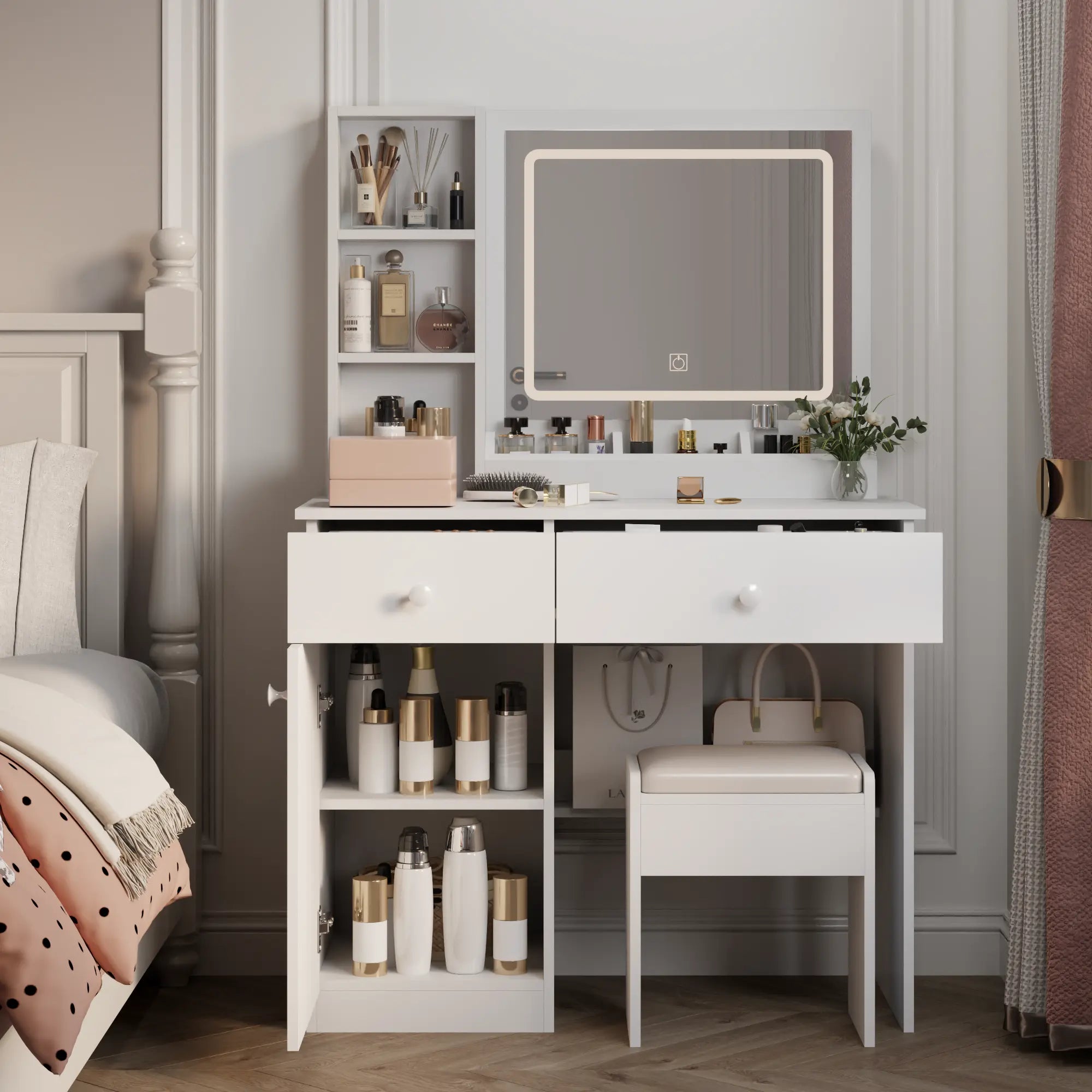 Bellemave® Vanity Mirror with Lights and Table Set with 3 Color Lighting Brightness Adjustable, 2 big Drawers - Bellemave