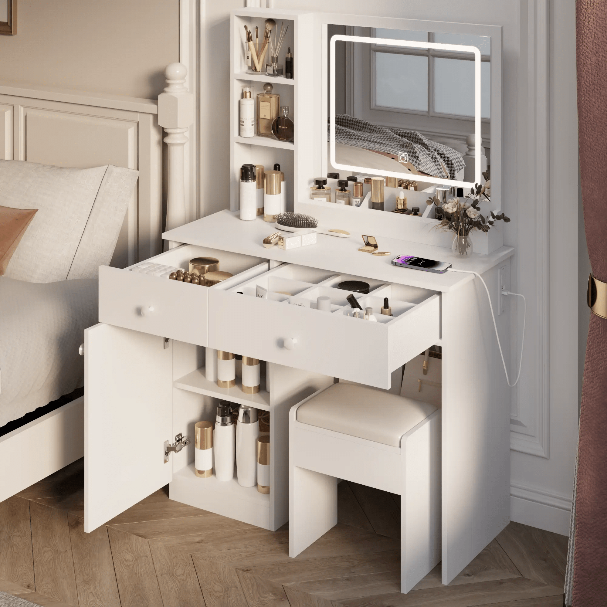 Bellemave® Vanity Mirror with Lights and Table Set with 3 Color Lighting Brightness Adjustable, 2 big Drawers - Bellemave