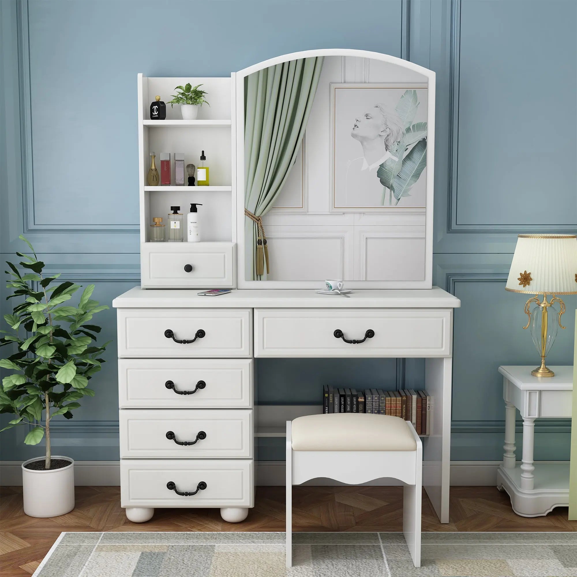 Bellemave® Vanity Mirror with Lights and Table Set with 3 Color Lighting Brightness Adjustable, 6 Drawers - Bellemave