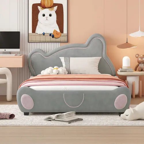 Bellemave® Velvet Platform Bed with Bear - Shaped Headboard, with Bed - End Storage Pocket - Bellemave