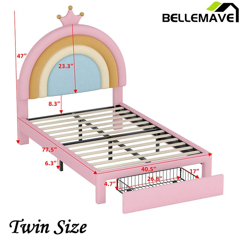 Bellemave® Velvet Upholstered Rainbow Platform Bed with Storage Drawer - Bellemave