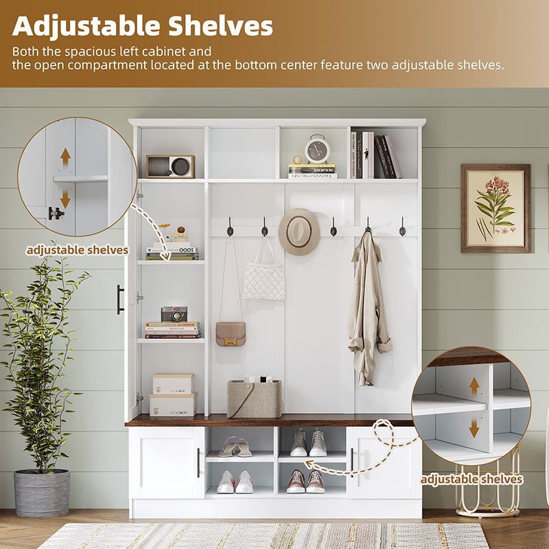 Bellemave® Versatile 3 - in - 1 Hall Tree with 6 Hooks, Farmhouse Walnut Storage Bench with Adjustable Shelves - Bellemave