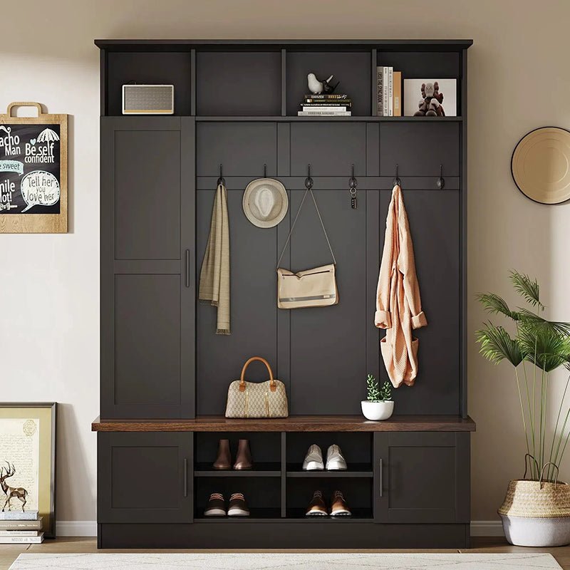 Bellemave® Versatile 3 - in - 1 Hall Tree with 6 Hooks, Farmhouse Walnut Storage Bench with Adjustable Shelves - Bellemave