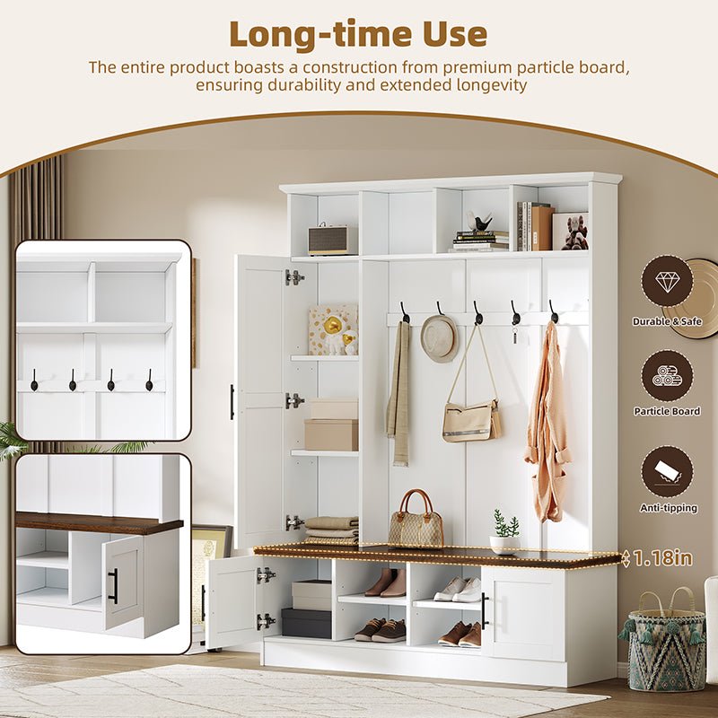 Bellemave® Versatile 3 - in - 1 Hall Tree with 6 Hooks, Farmhouse Walnut Storage Bench with Adjustable Shelves - Bellemave