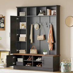 Bellemave® Versatile 3 - in - 1 Hall Tree with 6 Hooks, Farmhouse Walnut Storage Bench with Adjustable Shelves - Bellemave