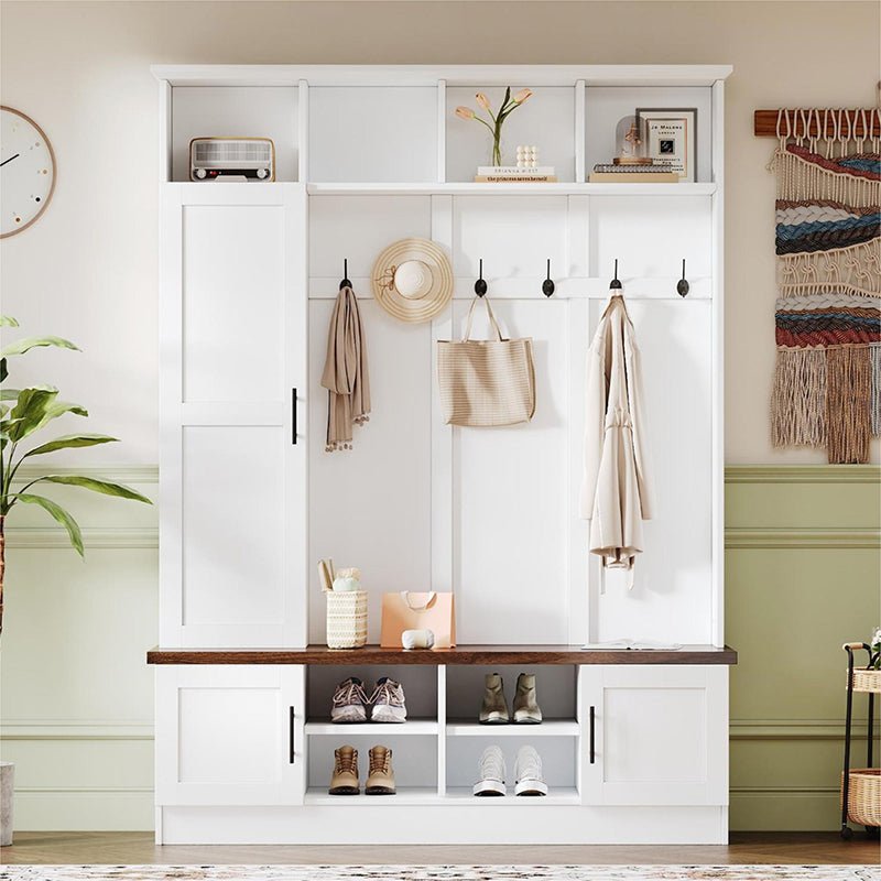 Bellemave® Versatile 3 - in - 1 Hall Tree with 6 Hooks, Farmhouse Walnut Storage Bench with Adjustable Shelves - Bellemave