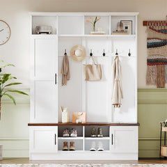 Bellemave® Versatile 3 - in - 1 Hall Tree with 6 Hooks, Farmhouse Walnut Storage Bench with Adjustable Shelves - Bellemave