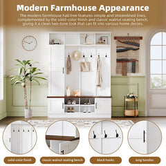 Bellemave® Versatile 3 - in - 1 Hall Tree with 6 Hooks, Farmhouse Walnut Storage Bench with Adjustable Shelves - Bellemave