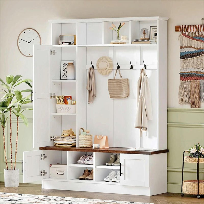 Bellemave® Versatile 3 - in - 1 Hall Tree with 6 Hooks, Farmhouse Walnut Storage Bench with Adjustable Shelves - Bellemave