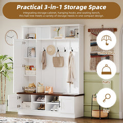 Bellemave® Versatile 3 - in - 1 Hall Tree with 6 Hooks, Farmhouse Walnut Storage Bench with Adjustable Shelves - Bellemave