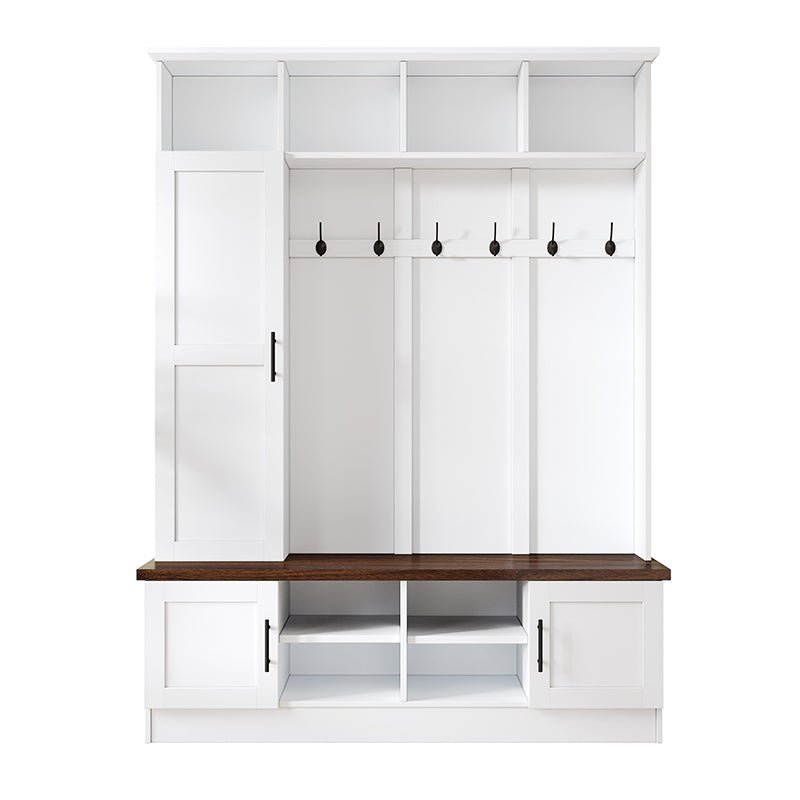 Bellemave® Versatile 3 - in - 1 Hall Tree with 6 Hooks, Farmhouse Walnut Storage Bench with Adjustable Shelves - Bellemave