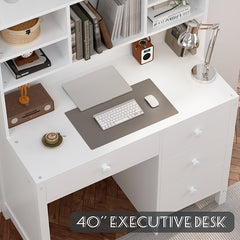 Bellemave® Vintage 40" Executive Desk and Upholstered Chair Set with Bookshelf, Computer Desk with 4 Drawers, Storage Shelf and Chair - Bellemave