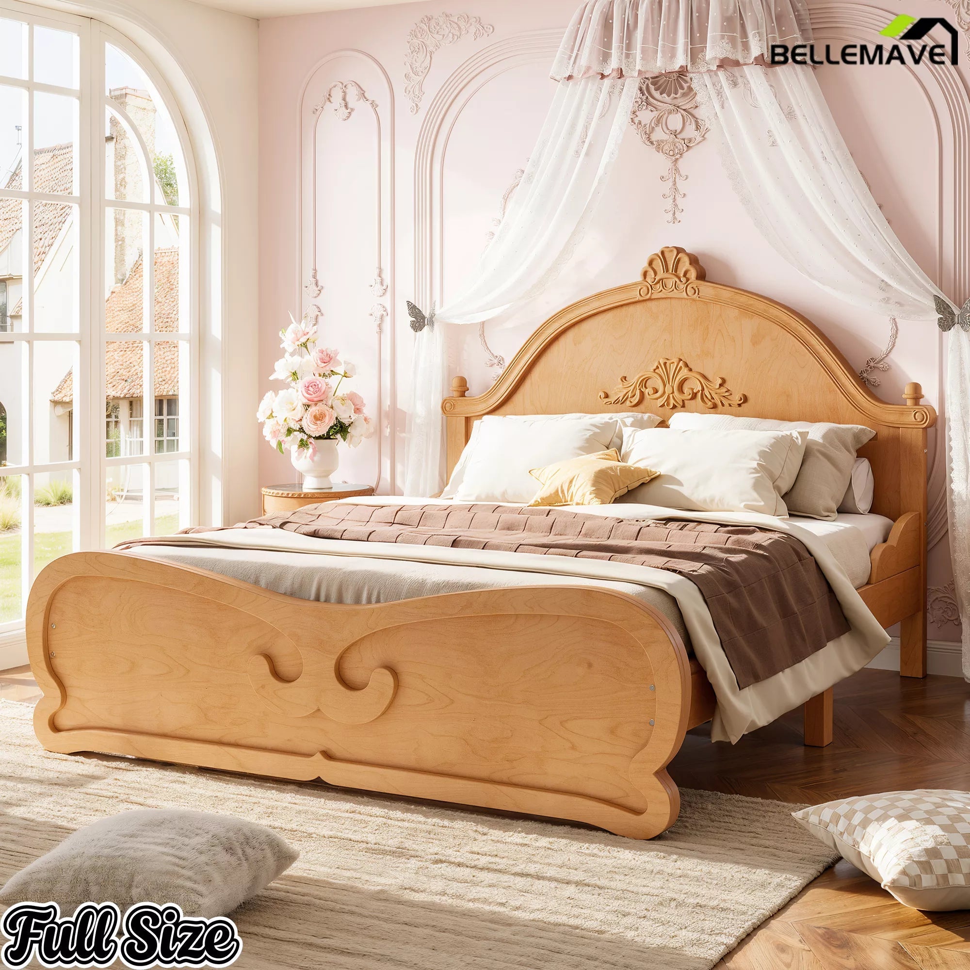 Bellemave® Vintage Carved Platform Bed with Headboard, Solid Wood Bed Frame, Low Profile Design, No Box Spring Needed - Bellemave