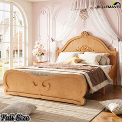 Bellemave® Vintage Carved Platform Bed with Headboard, Solid Wood Bed Frame, Low Profile Design, No Box Spring Needed - Bellemave