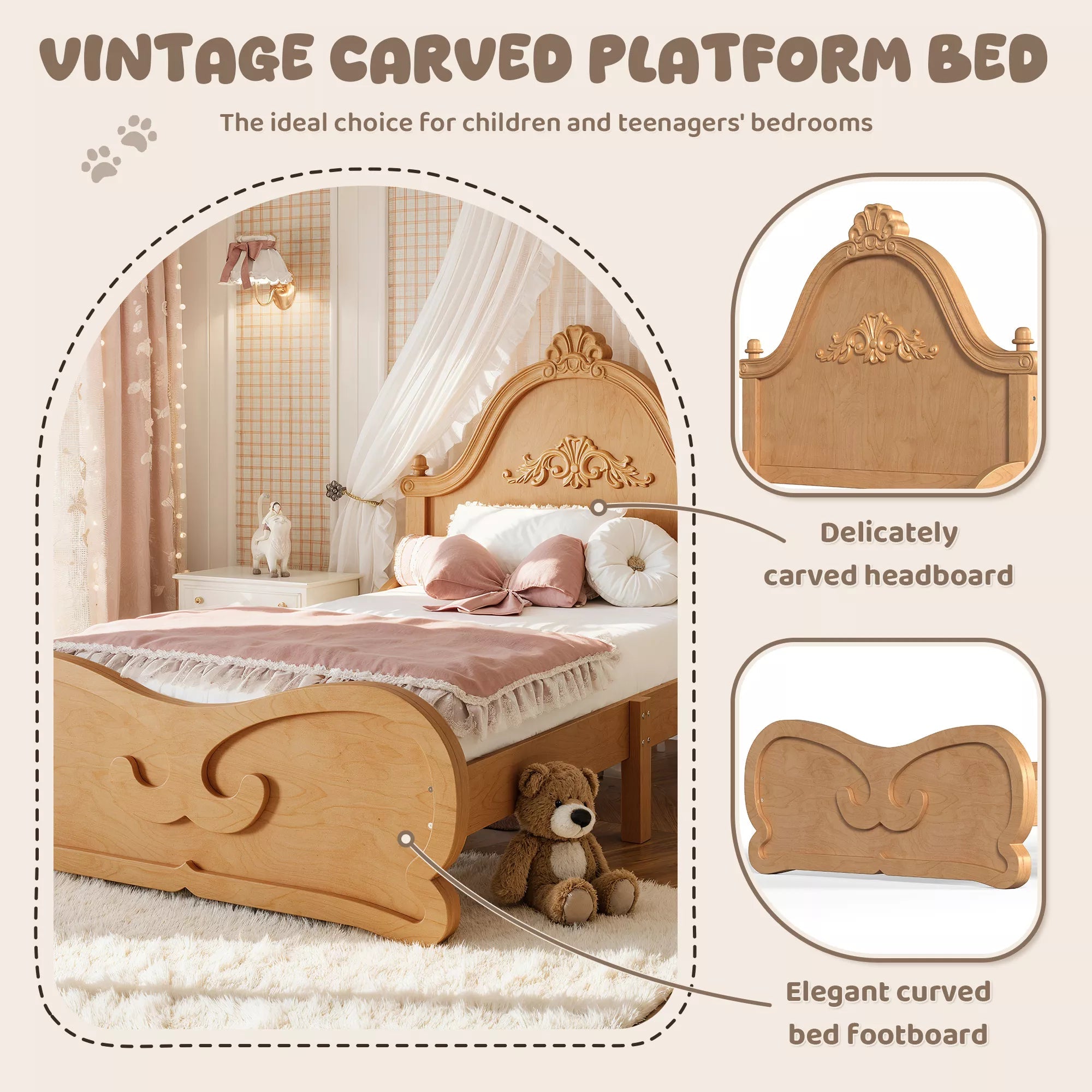 Bellemave® Vintage Carved Platform Bed with Headboard, Solid Wood Bed Frame, Low Profile Design, No Box Spring Needed - Bellemave