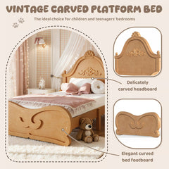 Bellemave® Vintage Carved Platform Bed with Headboard, Solid Wood Bed Frame, Low Profile Design, No Box Spring Needed - Bellemave