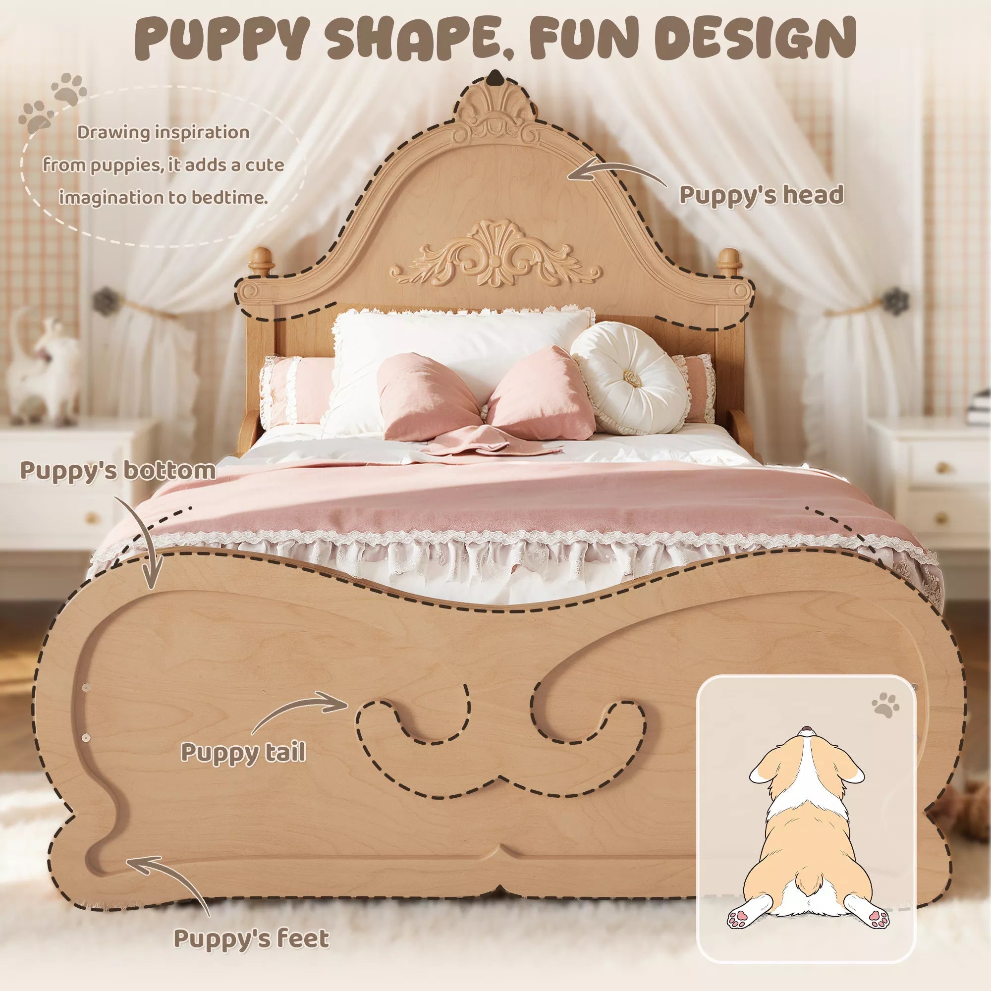 Bellemave® Vintage Carved Platform Bed with Headboard, Solid Wood Bed Frame, Low Profile Design, No Box Spring Needed - Bellemave