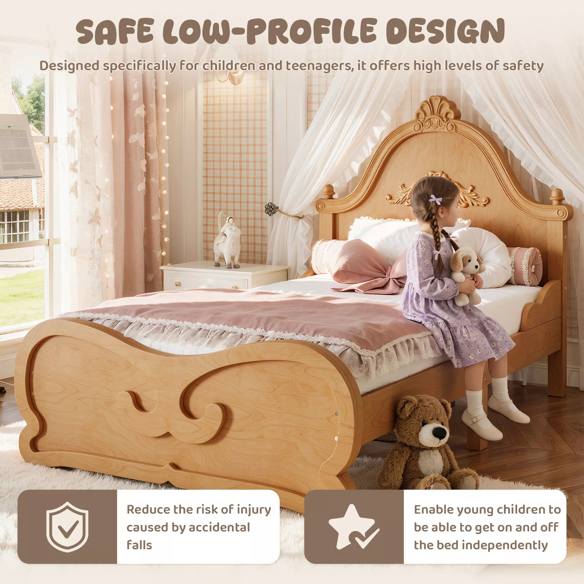 Bellemave® Vintage Carved Platform Bed with Headboard, Solid Wood Bed Frame, Low Profile Design, No Box Spring Needed - Bellemave