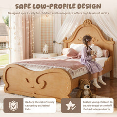 Bellemave® Vintage Carved Platform Bed with Headboard, Solid Wood Bed Frame, Low Profile Design, No Box Spring Needed - Bellemave