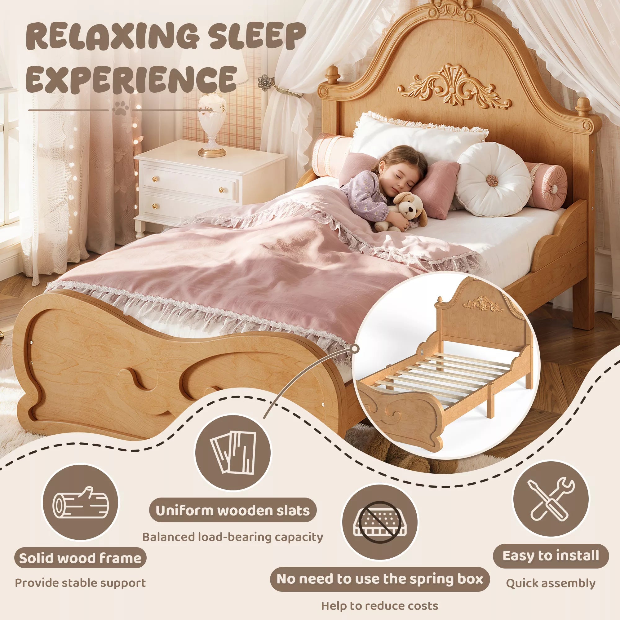 Bellemave® Vintage Carved Platform Bed with Headboard, Solid Wood Bed Frame, Low Profile Design, No Box Spring Needed - Bellemave