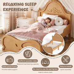 Bellemave® Vintage Carved Platform Bed with Headboard, Solid Wood Bed Frame, Low Profile Design, No Box Spring Needed - Bellemave