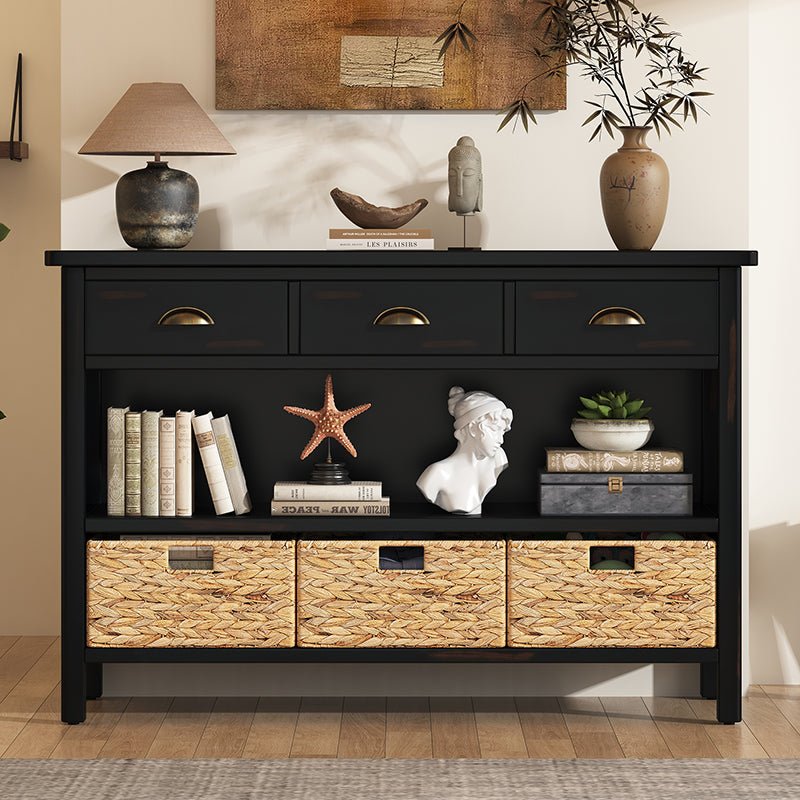 Bellemave® Vintage Console Table with Drawers, Water Hyacinth Woven Baskets - Bellemave