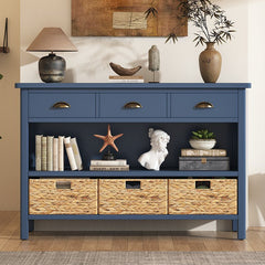 Bellemave® Vintage Console Table with Drawers, Water Hyacinth Woven Baskets - Bellemave
