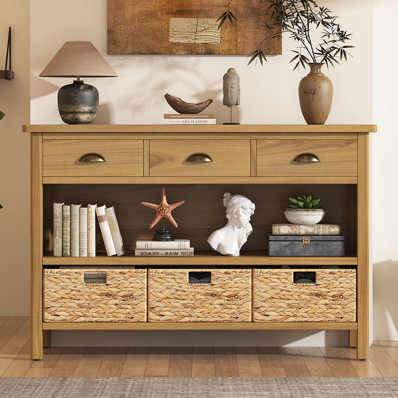 Bellemave® Vintage Console Table with Drawers, Water Hyacinth Woven Baskets - Bellemave