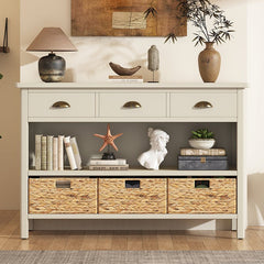 Bellemave® Vintage Console Table with Drawers, Water Hyacinth Woven Baskets - Bellemave
