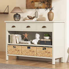 Bellemave® Vintage Console Table with Drawers, Water Hyacinth Woven Baskets - Bellemave