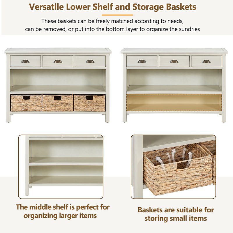 Bellemave® Vintage Console Table with Drawers, Water Hyacinth Woven Baskets - Bellemave