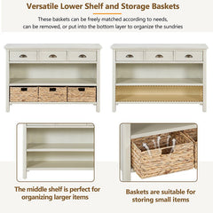 Bellemave® Vintage Console Table with Drawers, Water Hyacinth Woven Baskets - Bellemave