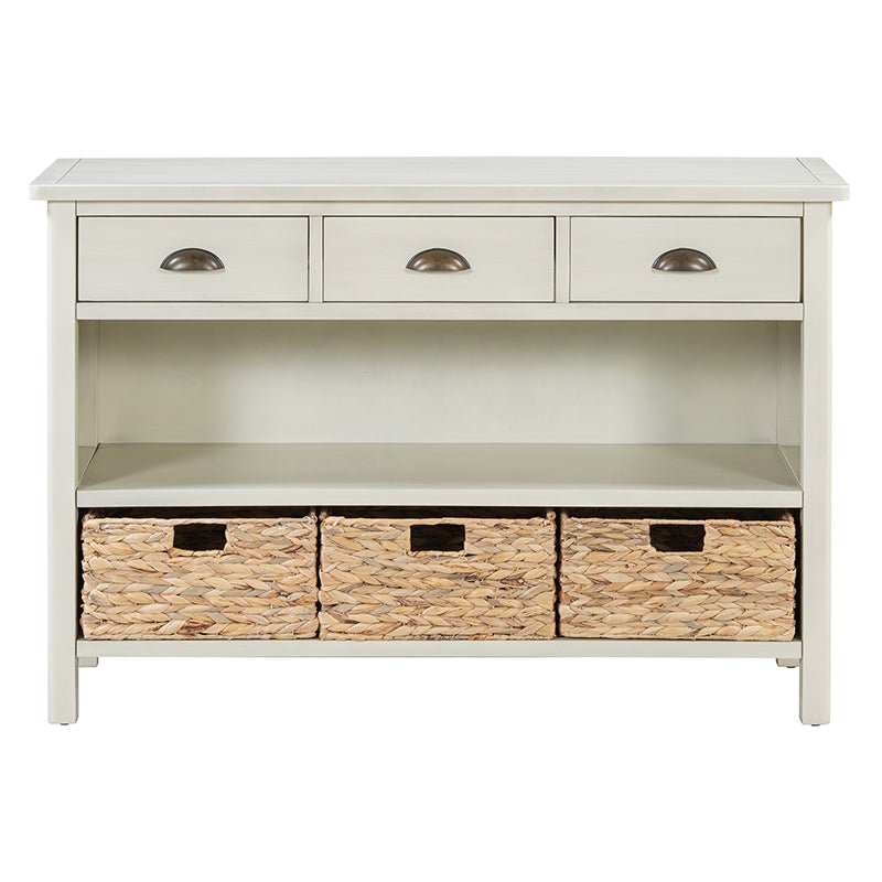 Bellemave® Vintage Console Table with Drawers, Water Hyacinth Woven Baskets - Bellemave