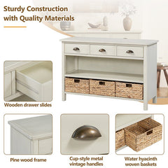 Bellemave® Vintage Console Table with Drawers, Water Hyacinth Woven Baskets - Bellemave