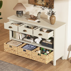 Bellemave® Vintage Console Table with Drawers, Water Hyacinth Woven Baskets - Bellemave