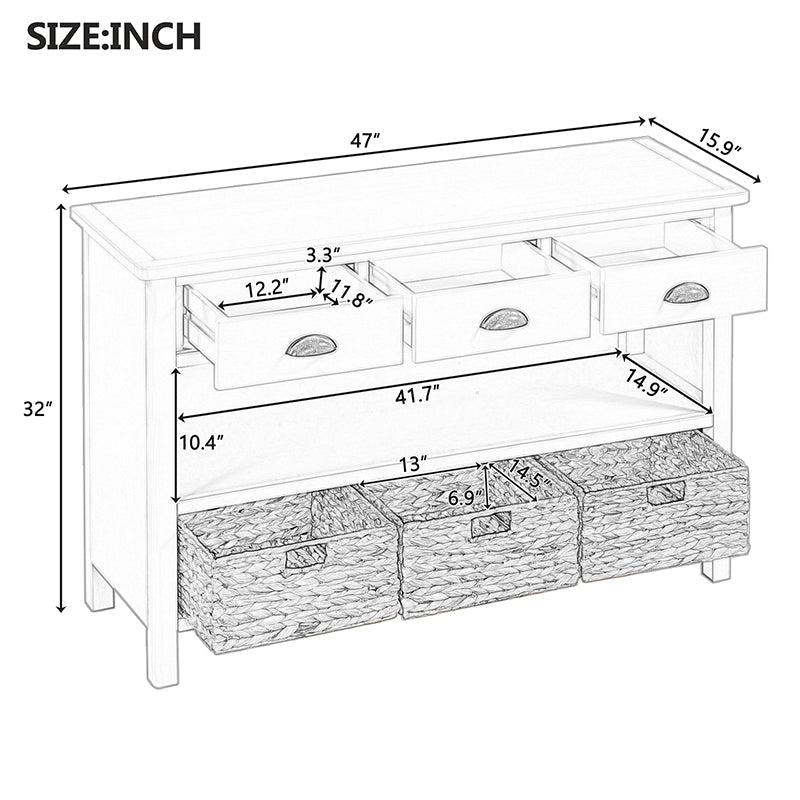 Bellemave® Vintage Console Table with Drawers, Water Hyacinth Woven Baskets - Bellemave