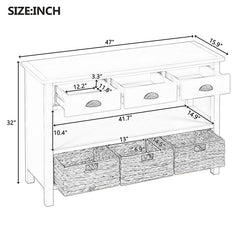Bellemave® Vintage Console Table with Drawers, Water Hyacinth Woven Baskets - Bellemave