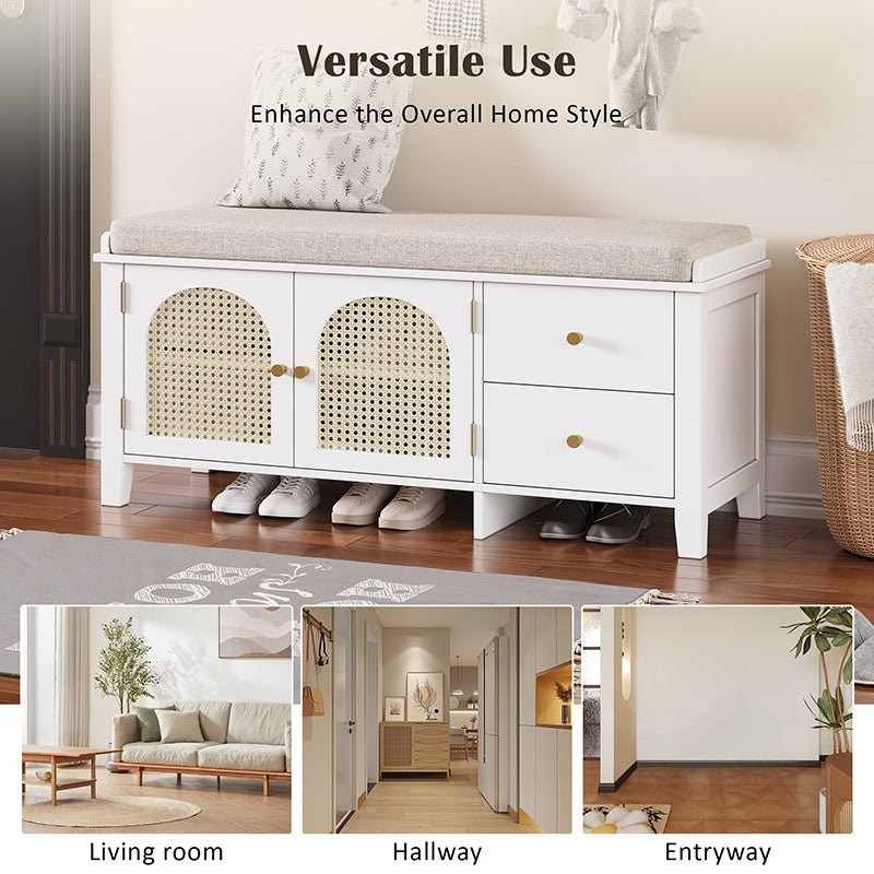 Bellemave® Vintage Shoe Bench with Storage and Cushion, 2 Drawers and 2 Rattan Door - Bellemave