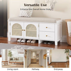 Bellemave® Vintage Shoe Bench with Storage and Cushion, 2 Drawers and 2 Rattan Door - Bellemave