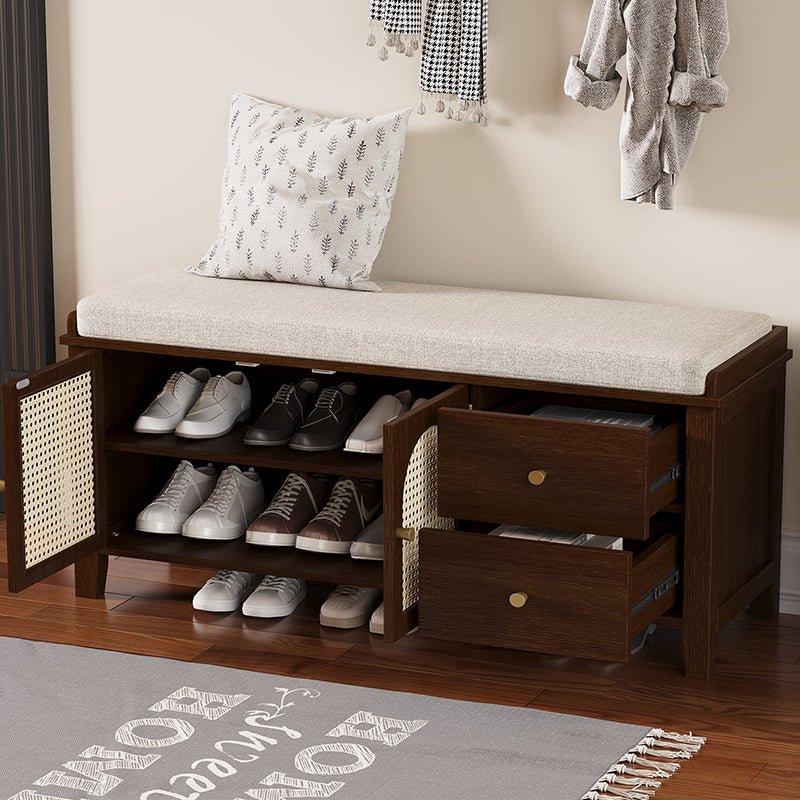 Bellemave® Vintage Shoe Bench with Storage and Cushion, 2 Drawers and 2 Rattan Door - Bellemave