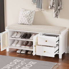 Bellemave® Vintage Shoe Bench with Storage and Cushion, 2 Drawers and 2 Rattan Door - Bellemave