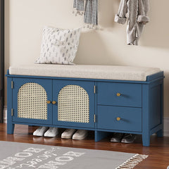 Bellemave® Vintage Shoe Bench with Storage and Cushion, 2 Drawers and 2 Rattan Door - Bellemave