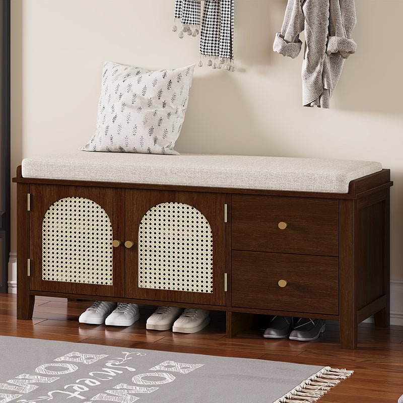 Bellemave® Vintage Shoe Bench with Storage and Cushion, 2 Drawers and 2 Rattan Door - Bellemave